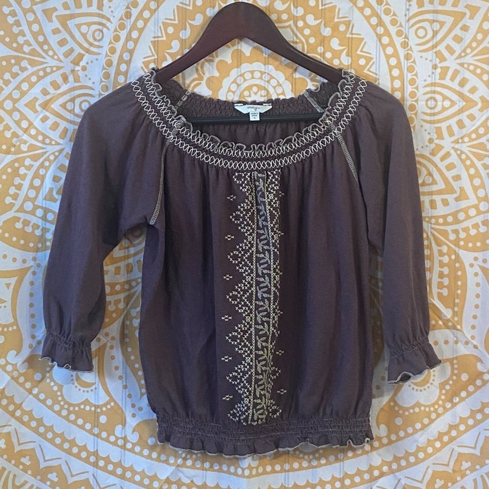 Energie - juniors LG - Brown Sinched Flare Top Blouse with Cream Embroidery